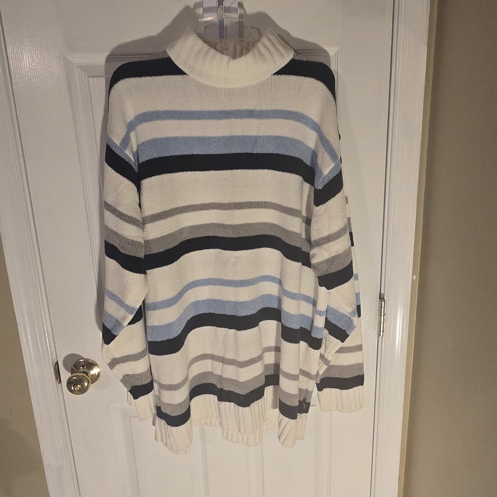 R-BBQ Shine Collection Mock Neck Striped Knit Sweater XL Blue White Navy Grey